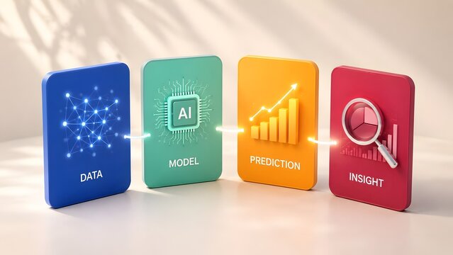 Four Colorful Connected Process Squares Representing Data Model Prediction And Insight Pipeline