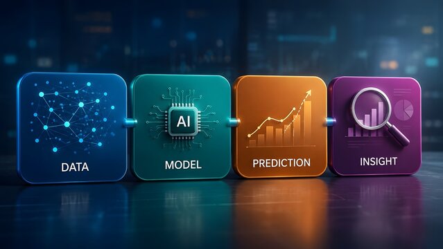 Four Colorful Connected Process Squares Representing Data Model Prediction And Insight Pipeline