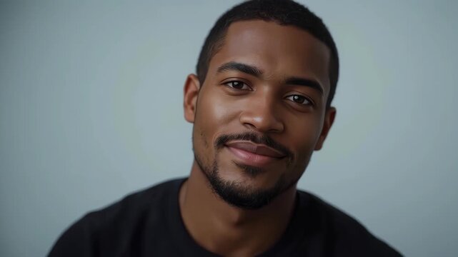 African Adult Male Portrait Smiling in Studio with Short Hair, Trimmed Beard, Calm Expression