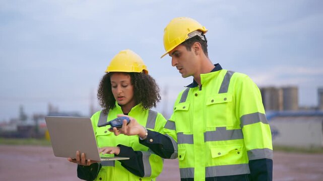 Caucasian male and Latina female engineer discuss project outdoors. 