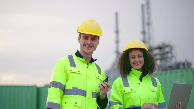 Portrait of Caucasian male and Latina female engineers stand outdoors.