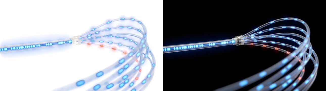 Looping fiber cables spiral outward from metal connector with glowing blue and red data lights for technology design in PNG, Transparent and Black Background Versions