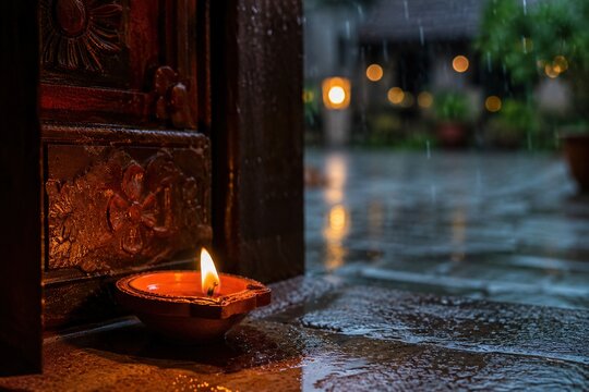 Glowing Diwali oil lamp beside a carved wooden doorway during an evening rainstorm