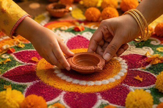 Hands placing a clay diya on colorful rangoli during a traditional Diwali celebration