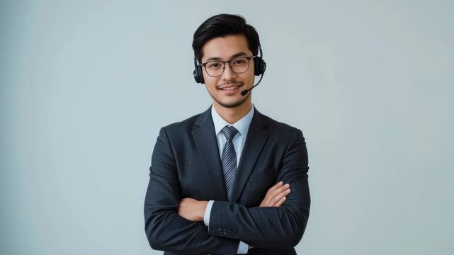 Businessman Wearing Headset and Suit, Confident Smile, Glasses, Crossed Arms, Professional Office