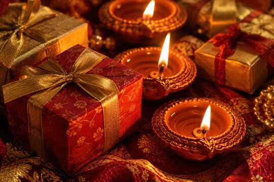 Traditional Diwali diyas glowing beside ornate red and gold wrapped festive gifts