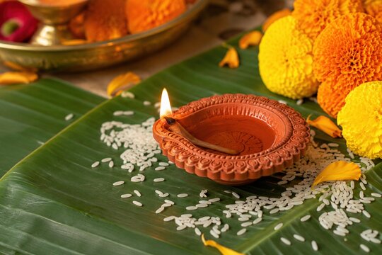 Glowing clay diya among marigolds and rice during a traditional Diwali celebration