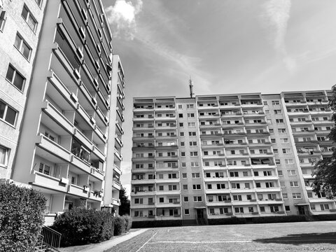 Black and White GDR Plattenbau High-Rise in East Germany