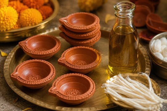 Traditional clay diyas with oil and cotton wicks prepared for Diwali celebration
