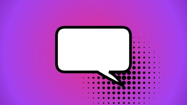 Comic speech bubble with halftone shadow on purple gradient background, pop art talk cloud, retro communication balloon for social media