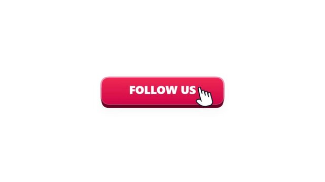 Follow us social media button, pink call to action element, mouse cursor clicking follow button on white background