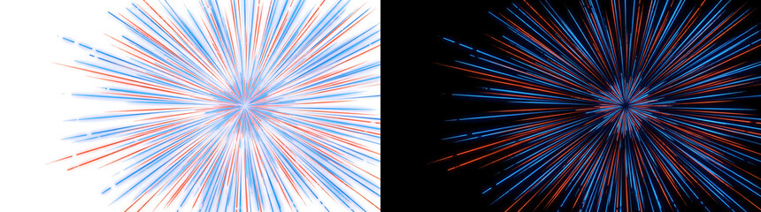 Obraz premium Starburst explosion of rays radiates outward with glowing blue and orange lines for technology design in PNG, Transparent and Black Background Versions