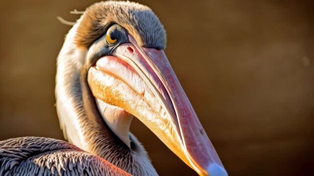 Pelican Bird Portrait with Colorful Beak, Soft Feathers, Golden Warm Light Detail