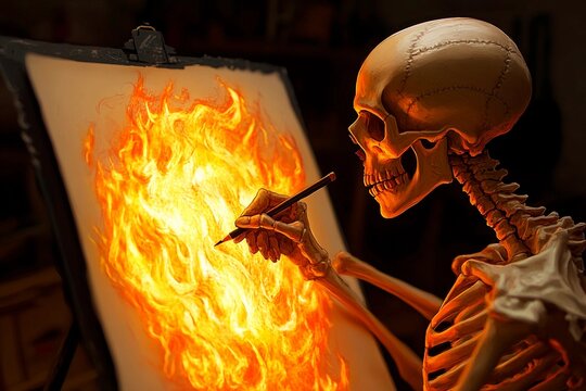 Skeleton creating fiery artwork in a dark studio setting