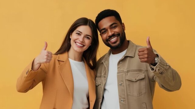 Smiling Couple Giving Thumbs Up in Orange Studio with Warm Golden Background Settings