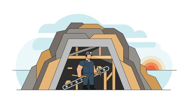 Hardworking miner standing at the entrance of a coal mine holding a pickaxe and drill machine under a sunset sky.