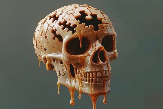 Melting puzzle skull with dripping pieces resembling flowing water