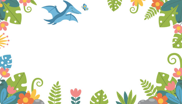 Flying blue pterodactyl dinosaur chasing a butterfly within a tropical forest border of green leaves and colorful flowers.