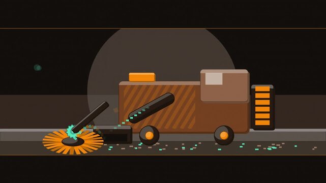 Abstract animated street sweeper brushing drawn as amber and orange lines and shapes on a deep dark background. Seamless looping 4K motion graphics video with free space for text, ideal for sustainabi