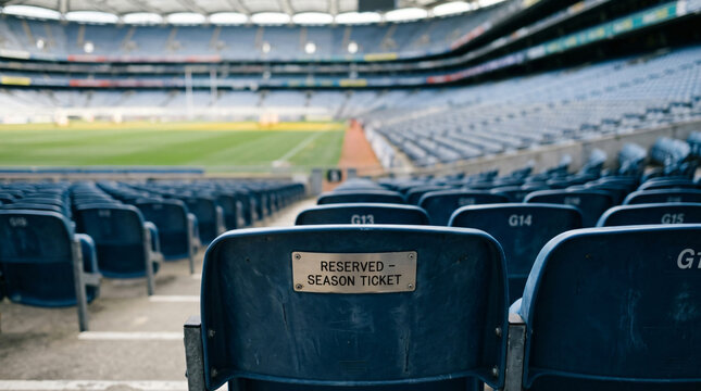 Reserved season ticket sign on empty blue stadium seats at arena