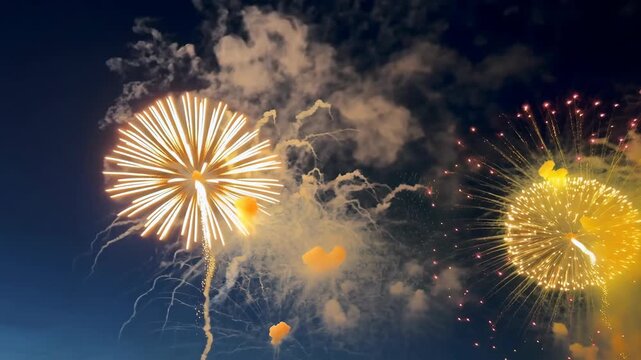 Firework Display Lighting Colorful Night Sky with Golden Bursts, Smoke, and Celebration Sparks