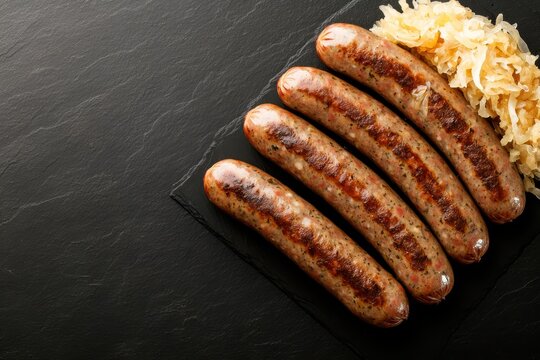 Grilled german bratwurst sausages served with sauerkraut on an isolated black background