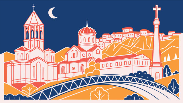 Black and white Tbilisi cityscape silhouette graphic isolated on white background