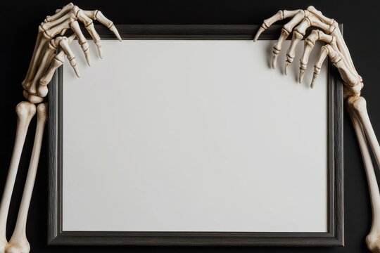 Spooky halloween background with skeleton hands holding vintage frame around empty copy space