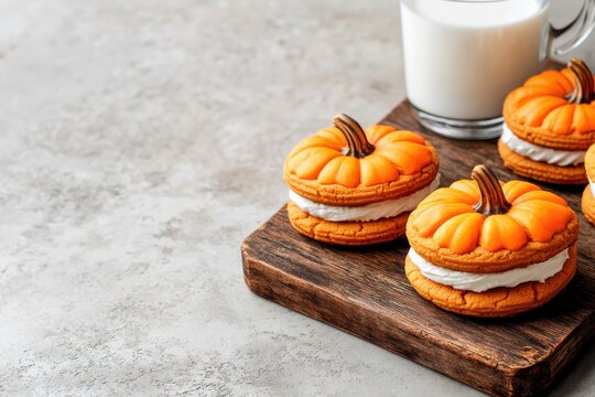 Pumpkin shaped halloween cookies with cream filling on wooden board near glass of fresh milk