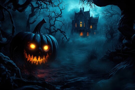 Spooky halloween background with glowing carved pumpkin and haunted house in misty night forest