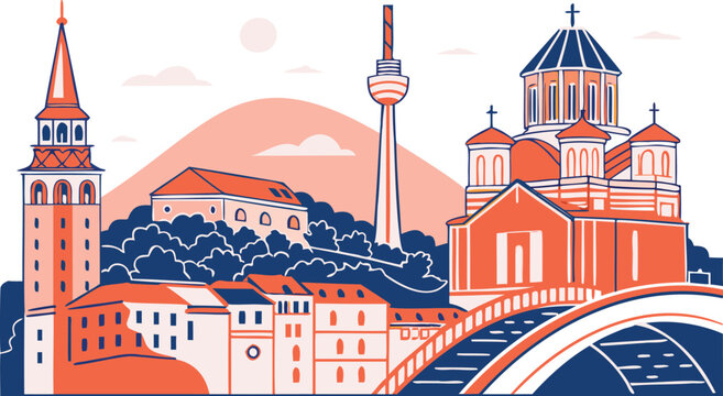 Tbilisi vector skyline silhouette with historical Georgia cityscape illustration