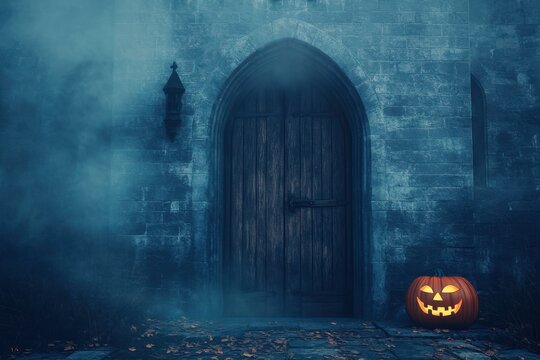 Spooky halloween background with carved jack o lantern pumpkin near old gothic wooden door