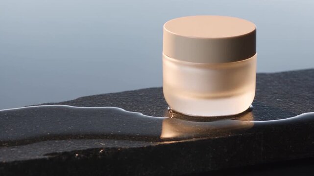 Frosted Glass Skincare Jar on Wet Basalt with Soft Studio Light