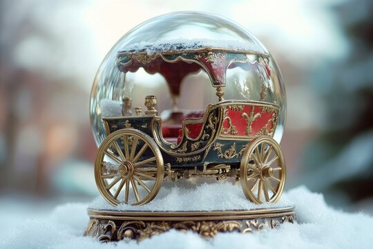 Vintage carriage snow globe decoration on white snow drift with blurred background layout