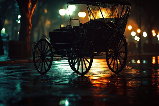 Vintage royal carriage with glowing windows in dark night park under starry sky background