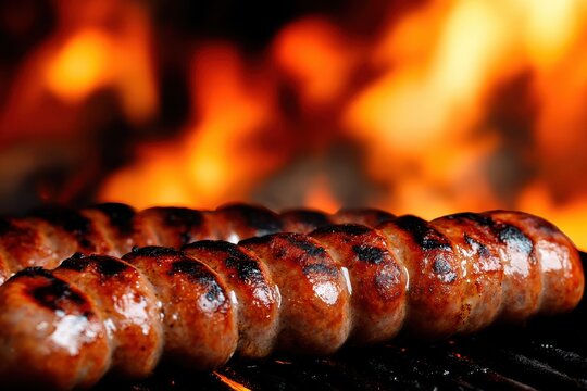 Grilled bratwurst sausages on plate with glass of cold beer against blazing fire background