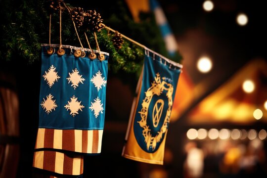 Oktoberfest festive bunting garland with bavarian pennant flags hanging on black background