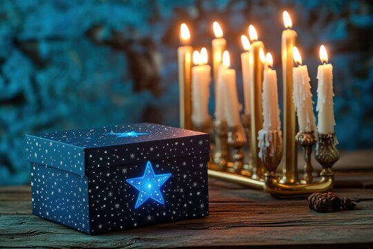 Burning wax candle next to striped gift box with glitter bow on textured winter background