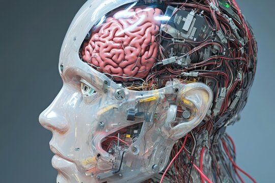 Artificial human head with exposed brain and internal robotic wires profile view