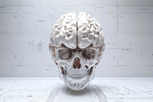 Human brain anatomical structure inside transparent artificial body profile view