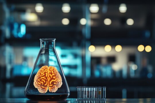 Glowing human brain inside a glass flask on a dark laboratory table view