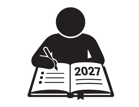 Person writing in a 2027 planner notebook icon for personal organization and future scheduling