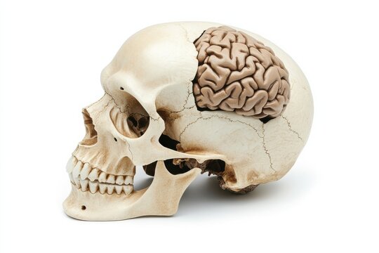 Anatomical human skull model with exposed brain isolated on white background