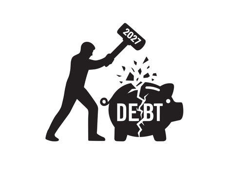 Man using a hammer to break a piggy bank labeled debt for 2027 financial freedom and relief