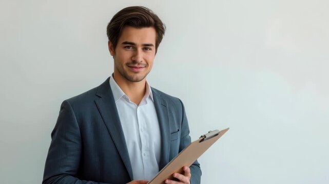 Confident Young Male Professional Businessman Holding Clipboard Formal Office Portrait Against Wall