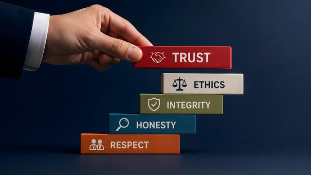 Hand Placing Red Wooden Block With Trust And Handshake Icon Onto Core Values Stack