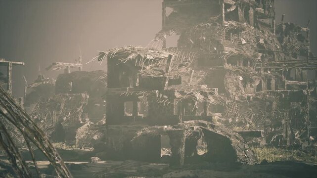 crushed vehicle among pile of masonry and twisted metal near collapsed facade, shattered glass and rusted frames, textured closeup showing industrial failure