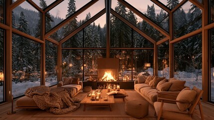 Fototapeta premium Cozy Scandinavian Living Room with Glowing Fireplace and Snowy Forest View at Evening Season