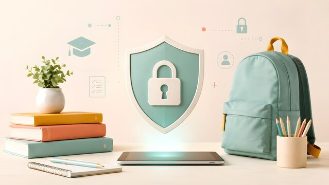 School Desk With Books Plant Tablet And Shield Icon Representing Student Safety And Data Protection