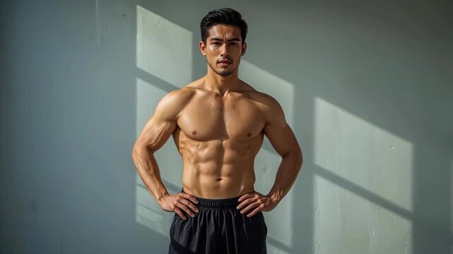 Muscular Asian Man Shirtless Standing Indoors with Dramatic Sunlight and Strong Shadows